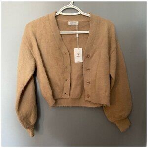 Tan Eyelash Knit Cropped Cardigan Women’s Retro Fluffy Sweater Size Medium Y2K